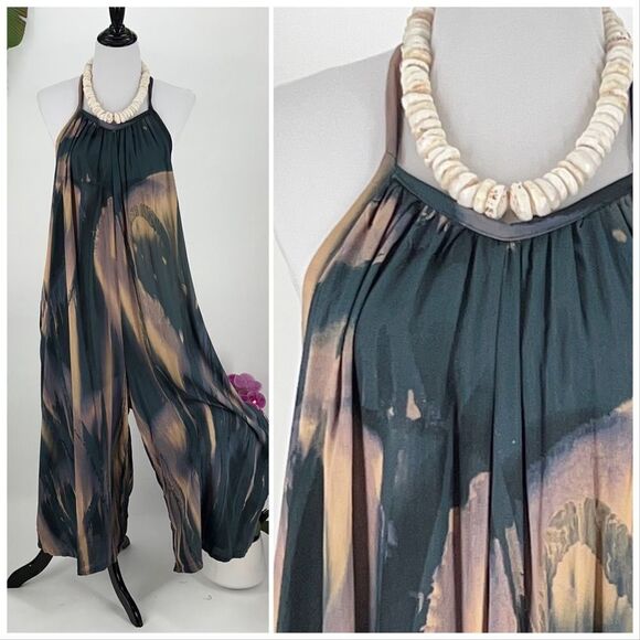 Kahakai ~ Teal Blue Purple Gray Tan Scoop Neck Plunge Back Overall Romper - Picture 5 of 15